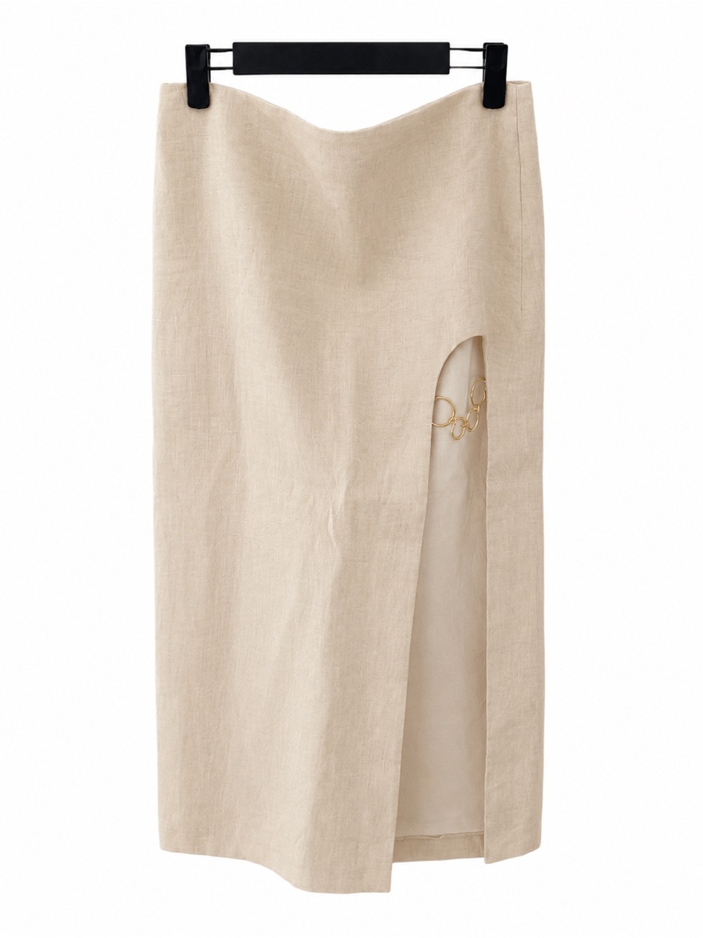 Zara Linen Blend Wrap Midi Skirt with Gold Hardware | Beige Size L